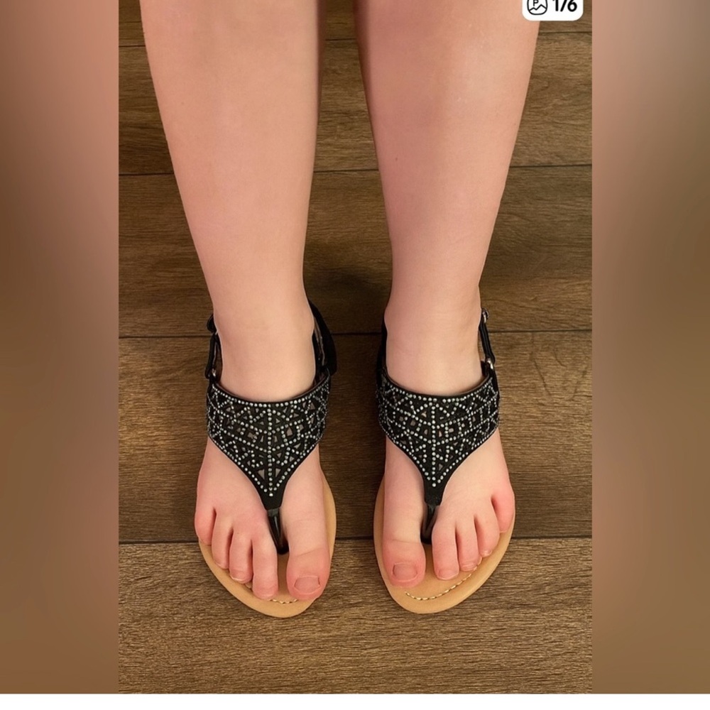 Girls' Black Embellished T-Strap Sandals with Adjustable Back Strap
